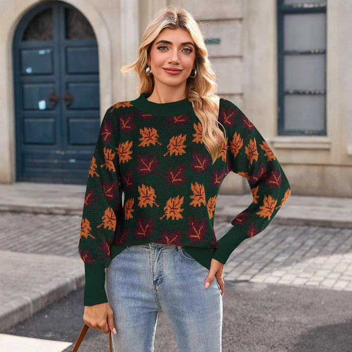 Damens strikket sweater med efterårsblad design Stilla