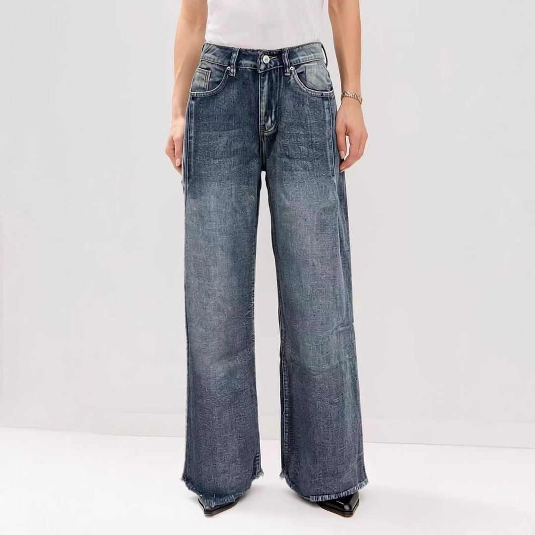 Dame brede denim jeans med kreativt mønster og frynset søm Skovae