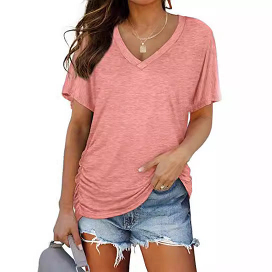 Dame afslappet V-hals T-shirt med rynker Stilla