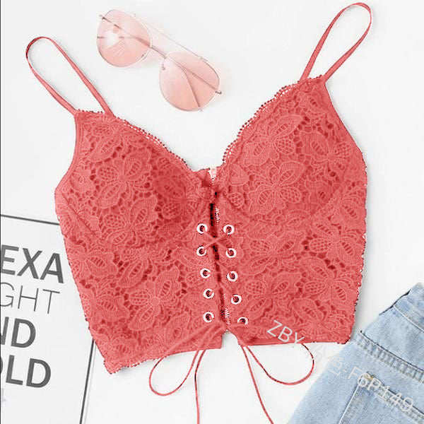 Dame Spids-Crop-Top med dekorative snøre detaljer og fine spidsindsatser Stilla