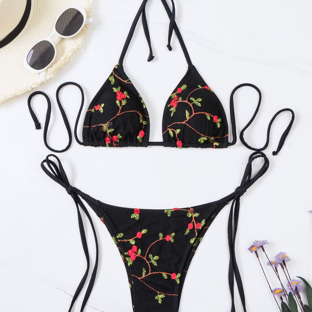 Dame triangel-bikini med håndlavede florale broderier Skovae