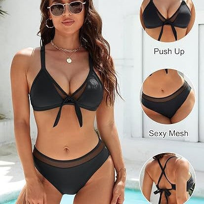 Dame Push-Up-Bikini-Top med sexet mesh og rygkors-stropper Skovae