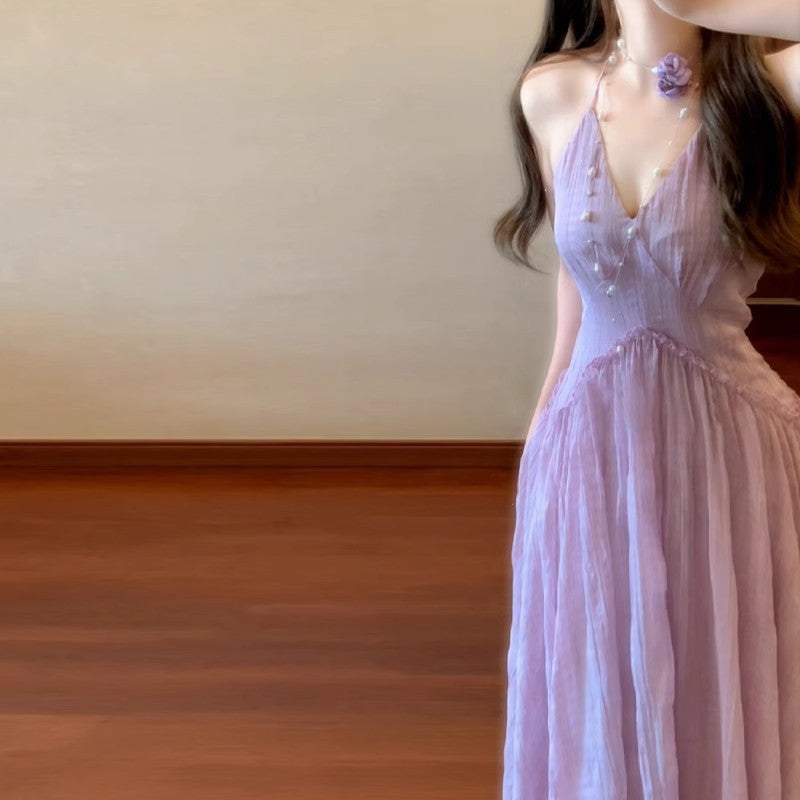 Dame Halter-Neck Maxi-Kjole med Knapdekorationer Stilla