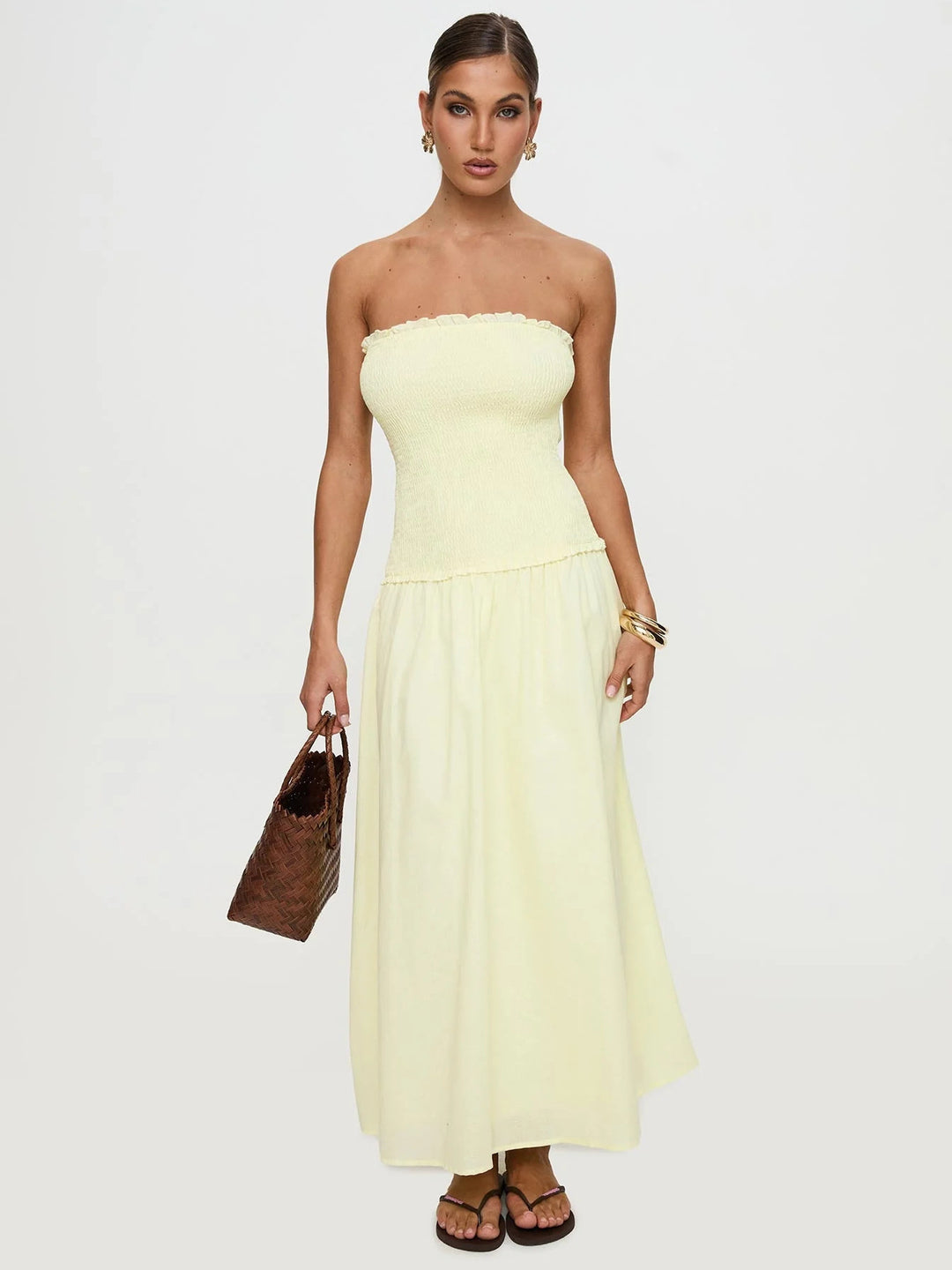 Dame off-shoulder maxikjole med rynket overdel Stilla