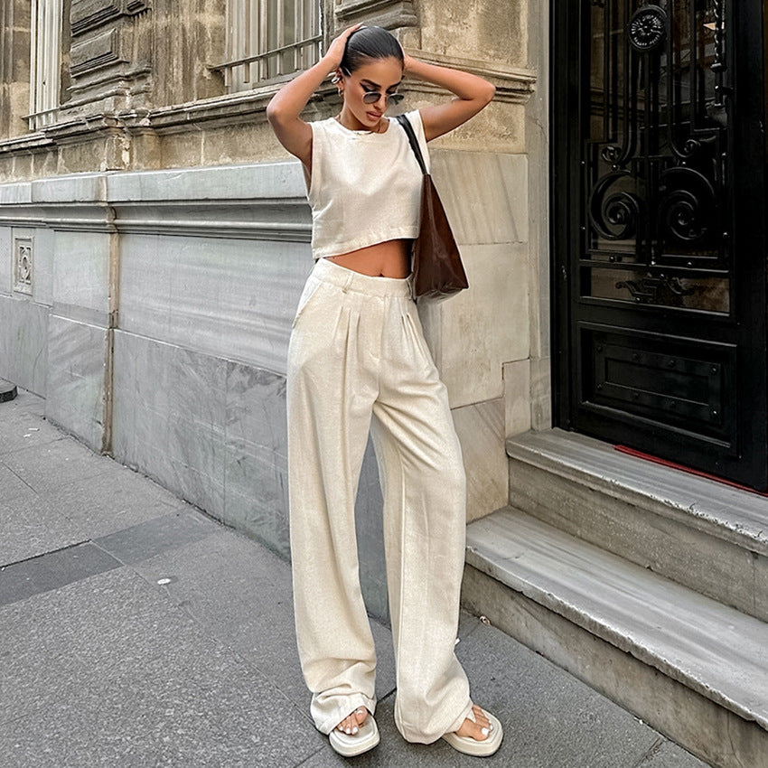 Dame Elegant kombineret Crop-Top og High-Waist-Bukser Sæt Stilla