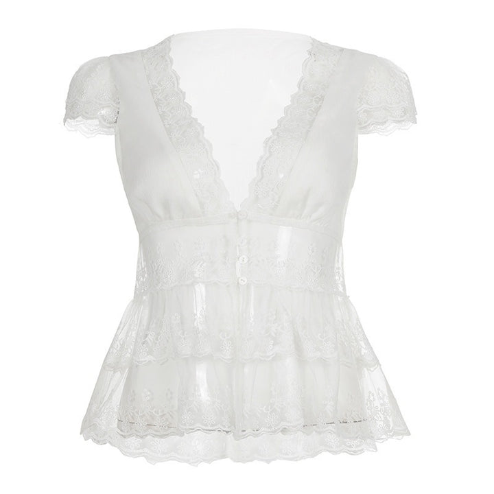 Damen Spitzenbluse mit Rüschendetails und tiefem V-Ausschnitt Skovae