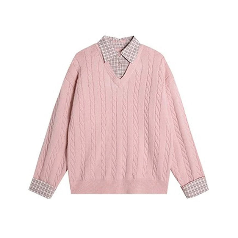 Kvinders chunky strikpullover med kabelmønster og V-hals Stilla
