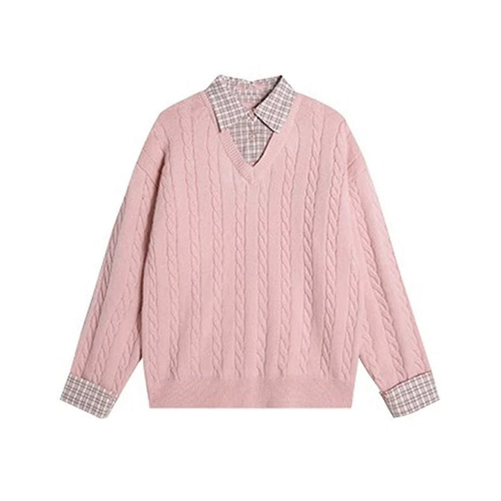 Kvinders chunky strikpullover med kabelmønster og V-hals Stilla