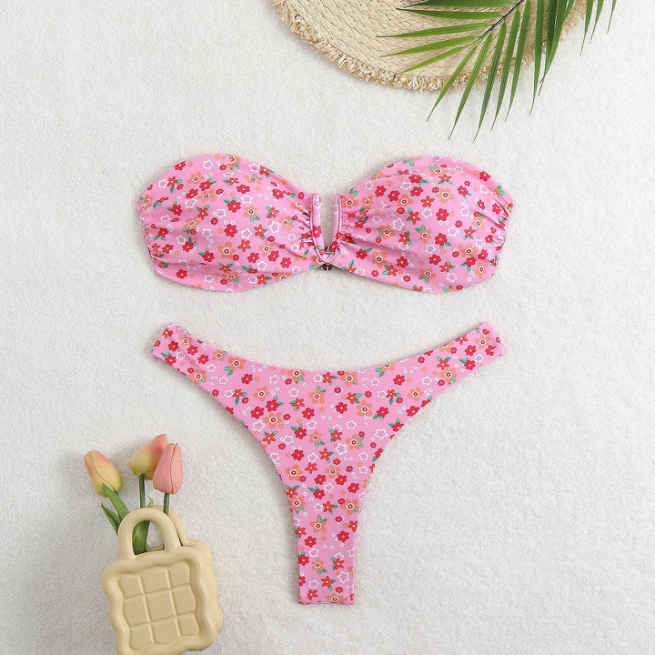 Dame Bandeau-bikini med blomsterdesign og elegant lukning Skovae