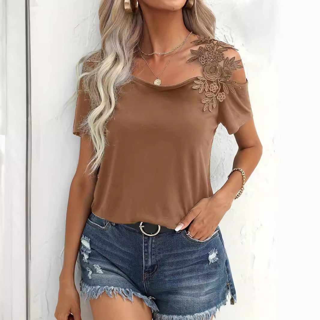 Dame uden skuldertop Jerseyshirt med floral spidsapplikation og løs pasform Skovae