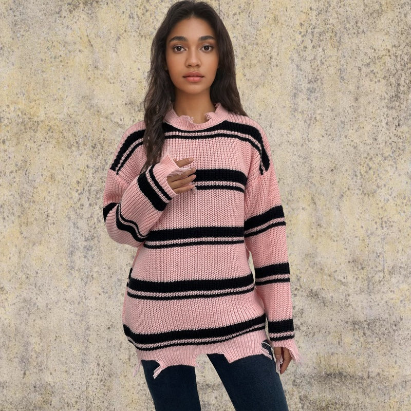 Dame oversized strikket sweater med trendy stribemønster og frynse detaljer Stilla