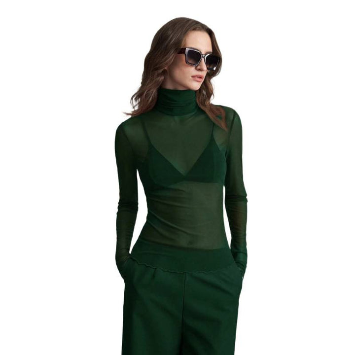 Dame Elegant langærmet transparent top med høj krave Skovae