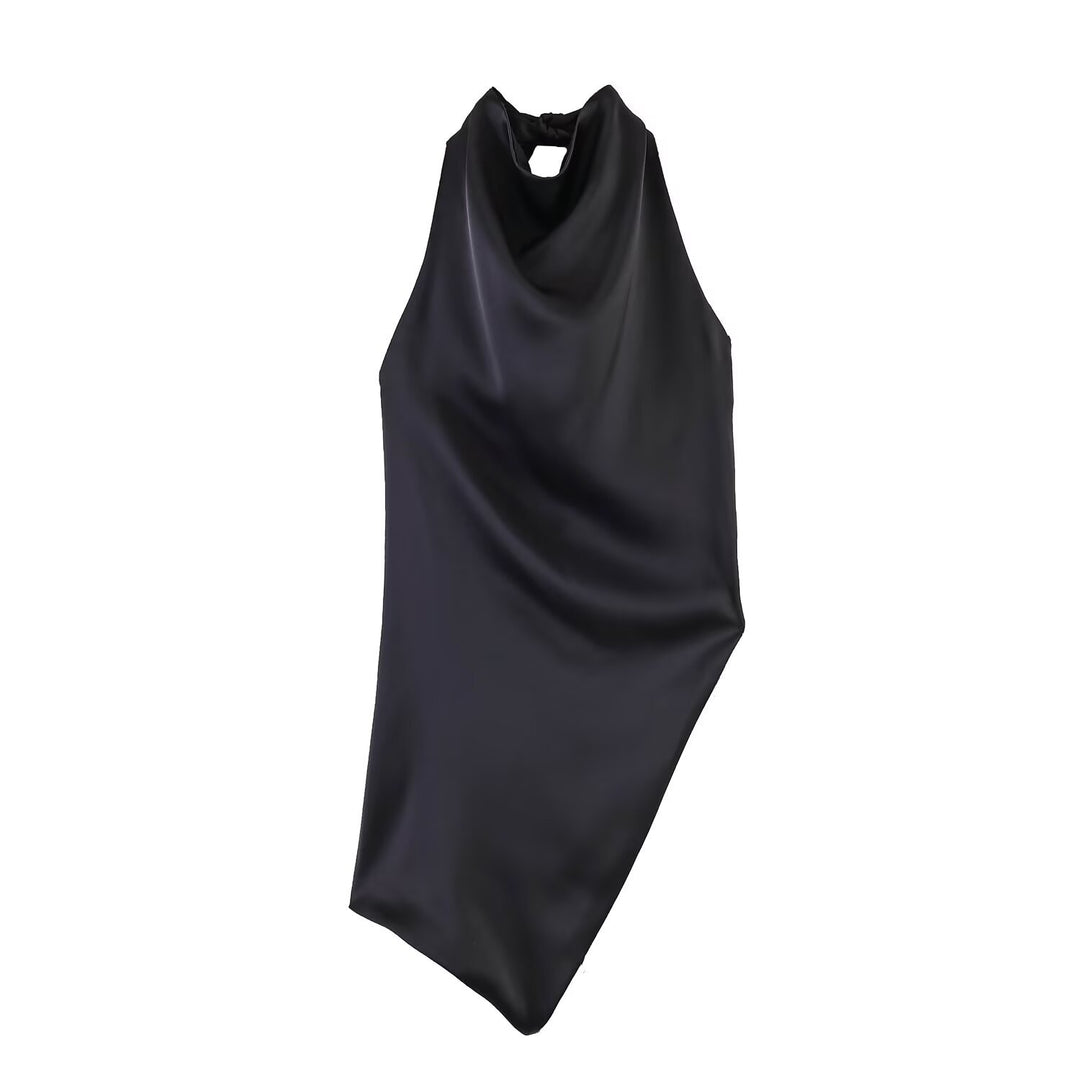 Dame elegant halterneck top med unik asymmetrisk skæring og dekorativ knude Skovae