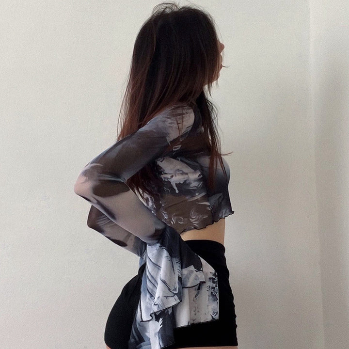 Dame Langærmet Crop-Top med kreative grafik-printdetaljer og udvidede ærmer Skovae