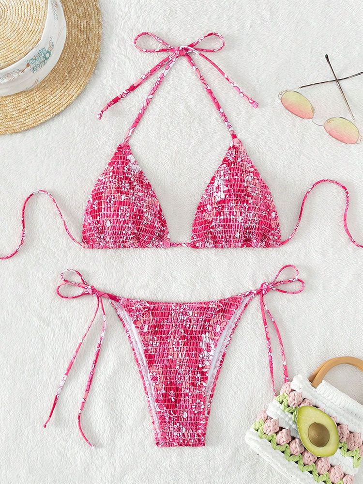 Dame triangle-bikini med florale ruffles detaljer og justerbare stropper Skovae