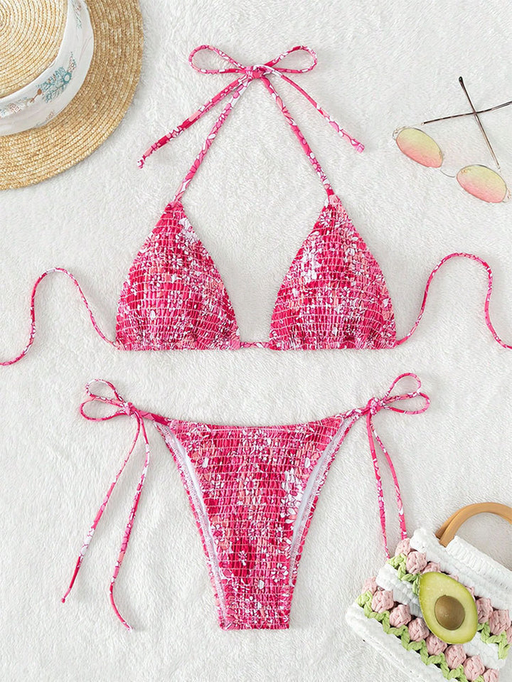 Dame triangle-bikini med florale ruffles detaljer og justerbare stropper Skovae
