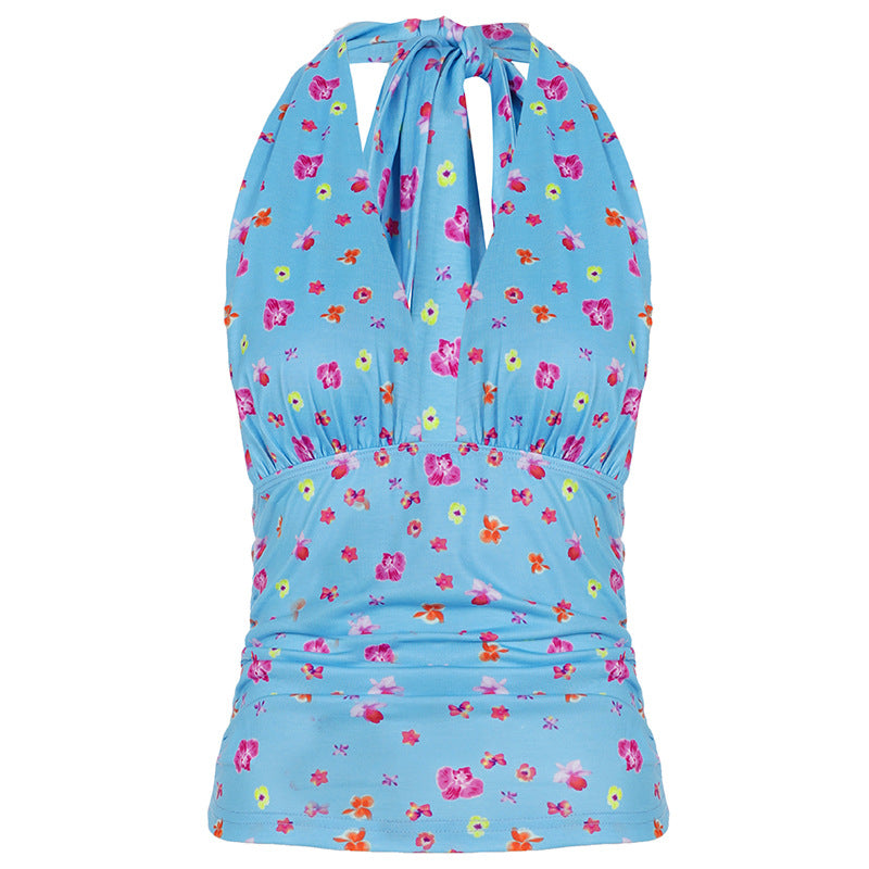 Dame Halterneck-bluse med blomstertryk og rynker Skovae