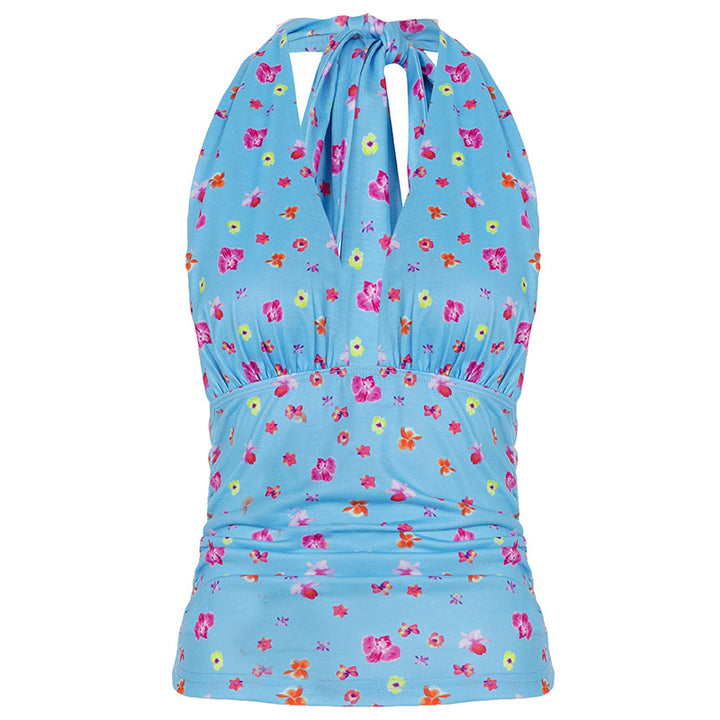 Dame Halterneck-bluse med blomstertryk og rynker Skovae