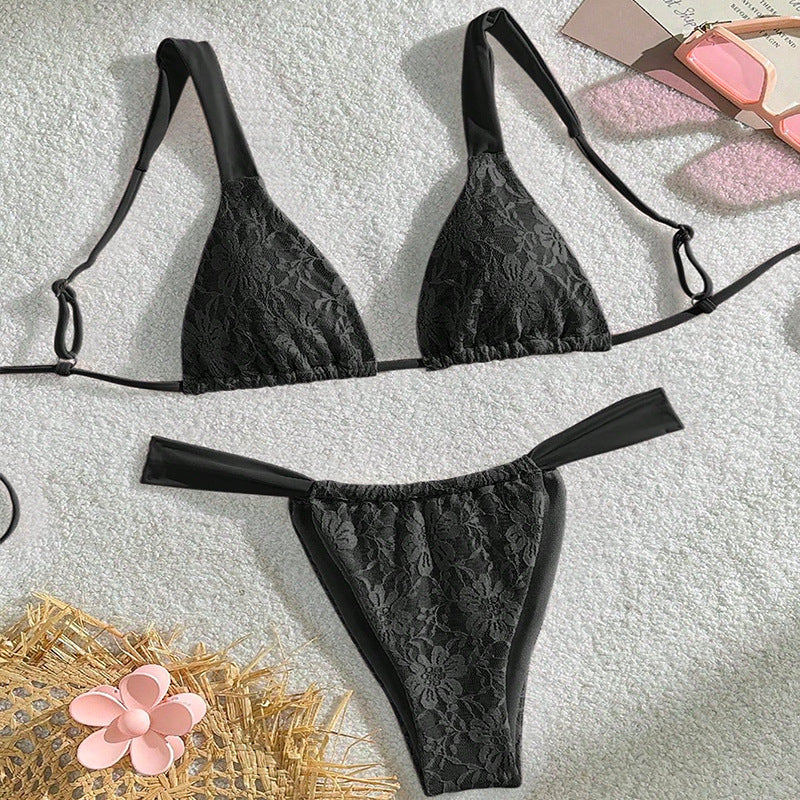 Dame triangel-bikini med blomster spandex-mønster og justerbare stropper Skovae