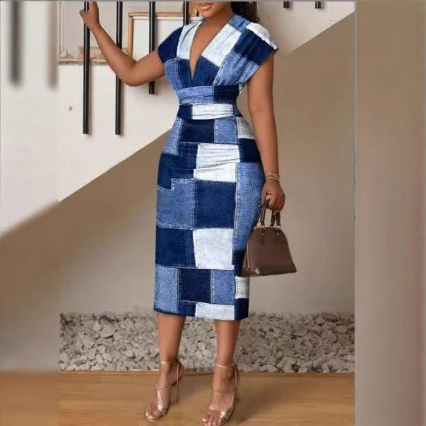 Dame Patchwork Denim Midi Kjole Stilla