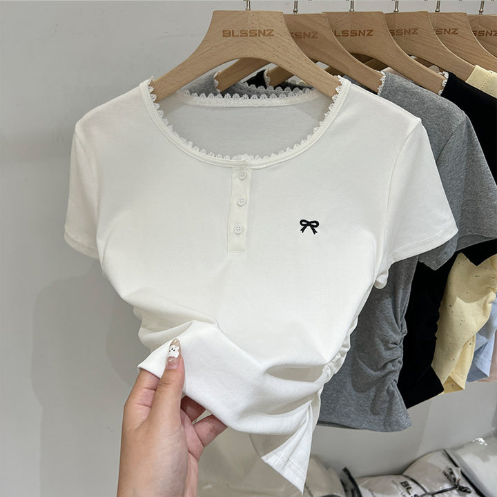 Dame Casual Kortærmet Henley Top med dekorativt Spidsbesætning Stilla