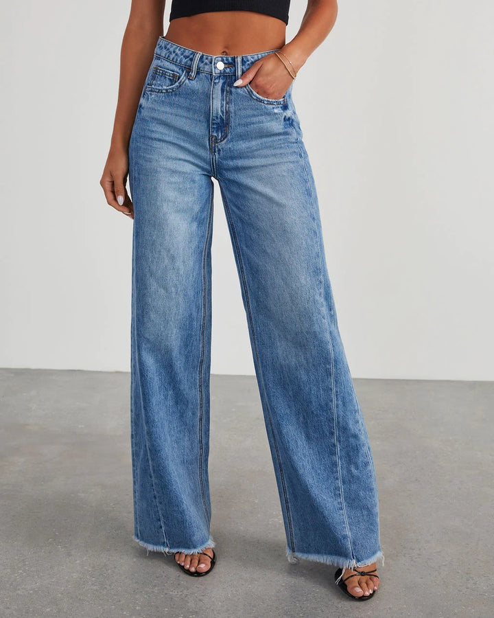 Dame Bredskårne jeans med frynset kant i vintage-stil Stilla