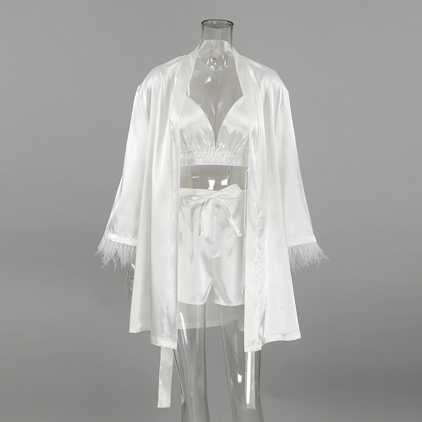 Dame Satin Pyjamas Sæt med elegante Fjer Stilla