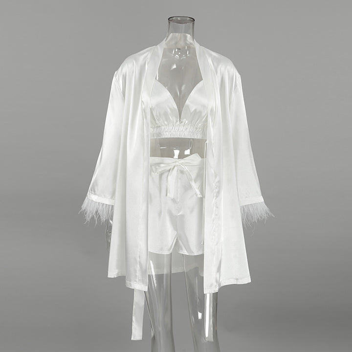 Dame Satin Pyjamas Sæt med elegante Fjer Stilla