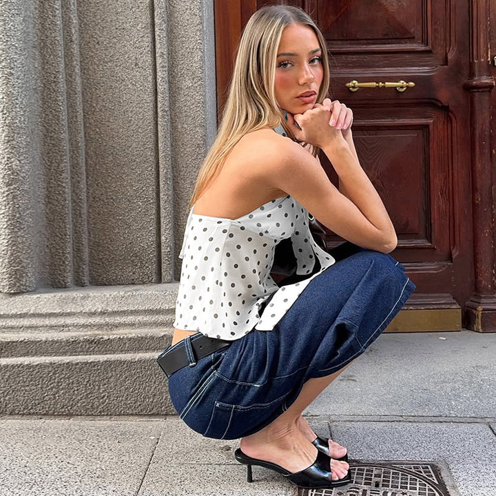 Dame Legesyngt Polka Dot Top med Halter-design og smart Bindingsdetalje Skovae