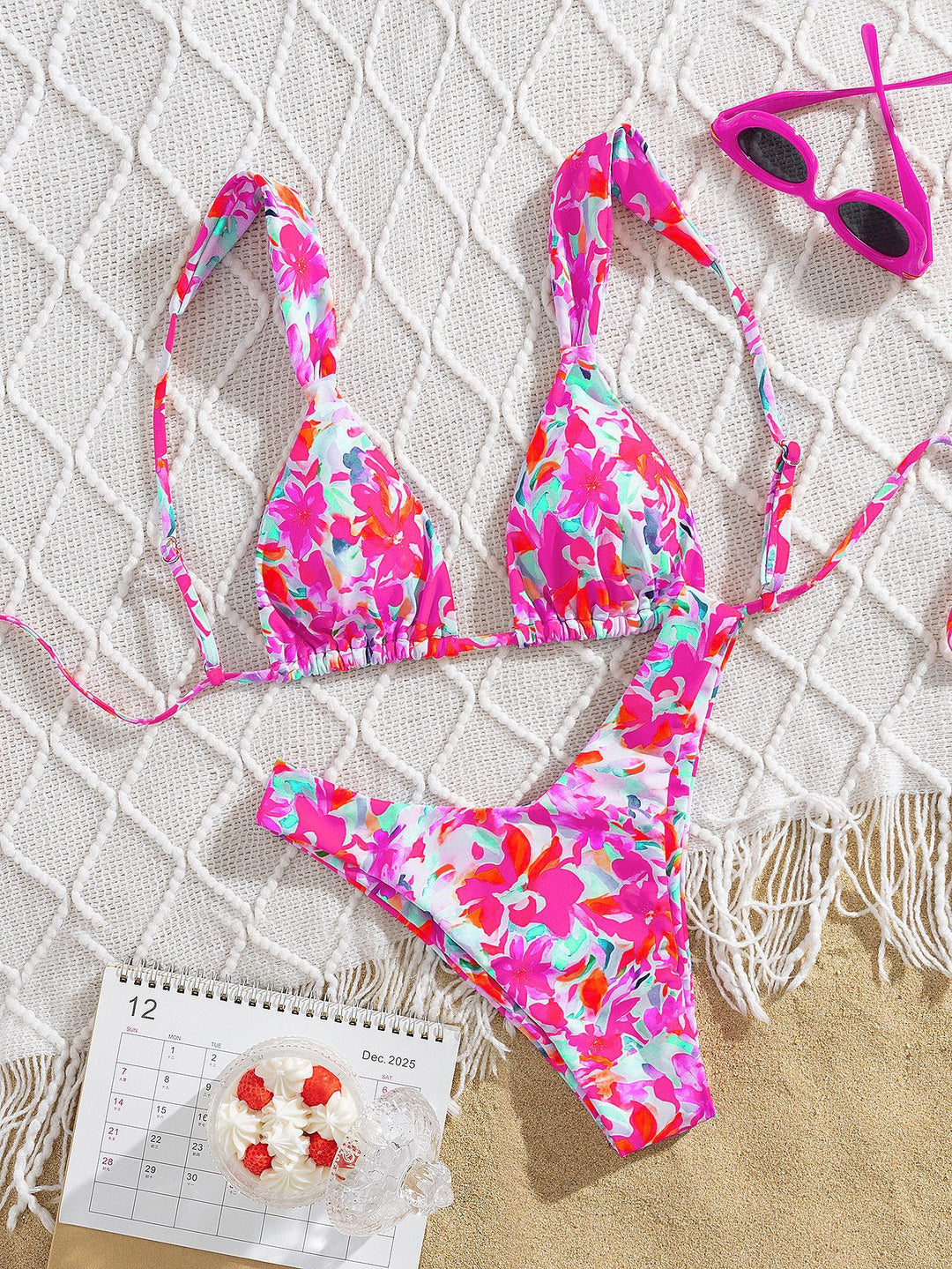 Damer triangel-bikini med farverigt blomsterdesign og justerbare stropper Skovae