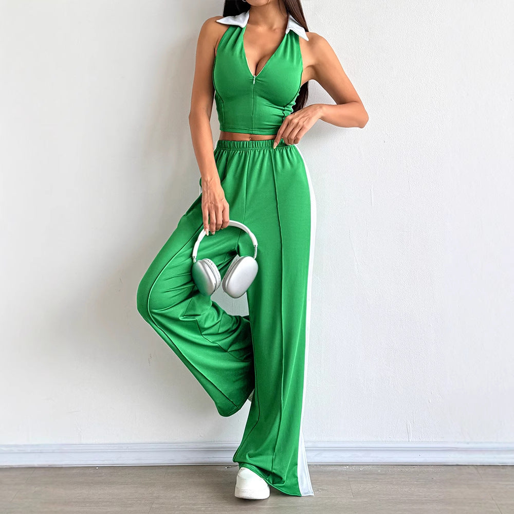 Dame To-delt Sæt med cropped Top og vidt snittet Bukser Skovae
