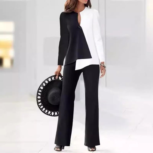 Dame Elegante og moderne to-delt sæt med asymmetrisk bluse og bredt skåret bukser Stilla