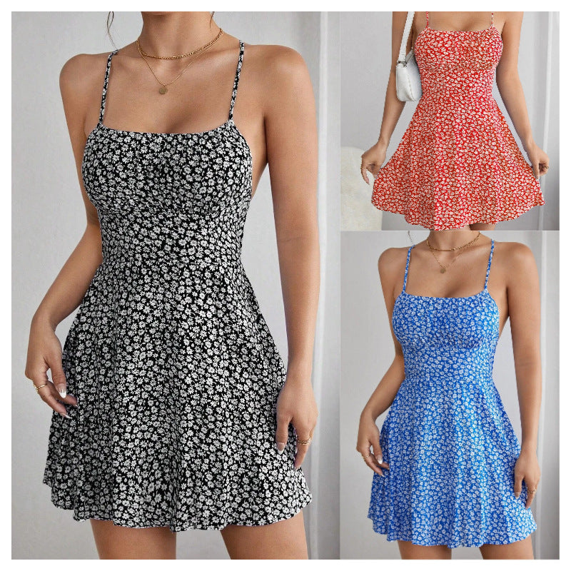 Dame Floral Print A-line Mini Kjole med justerbare Spaghetti-stropper Stilla
