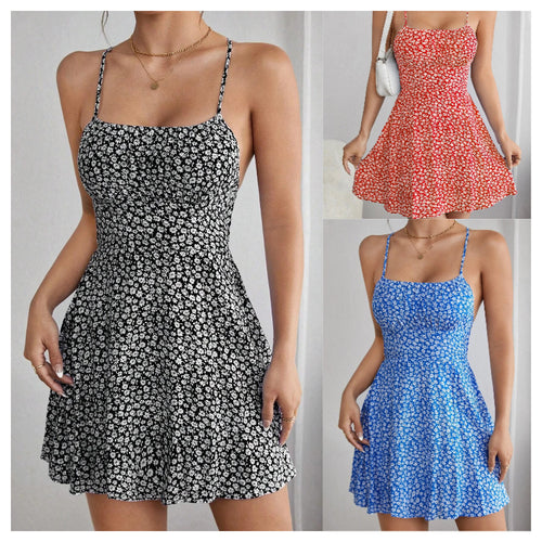 Dame Floral Print A-line Mini Kjole med justerbare Spaghetti-stropper Stilla