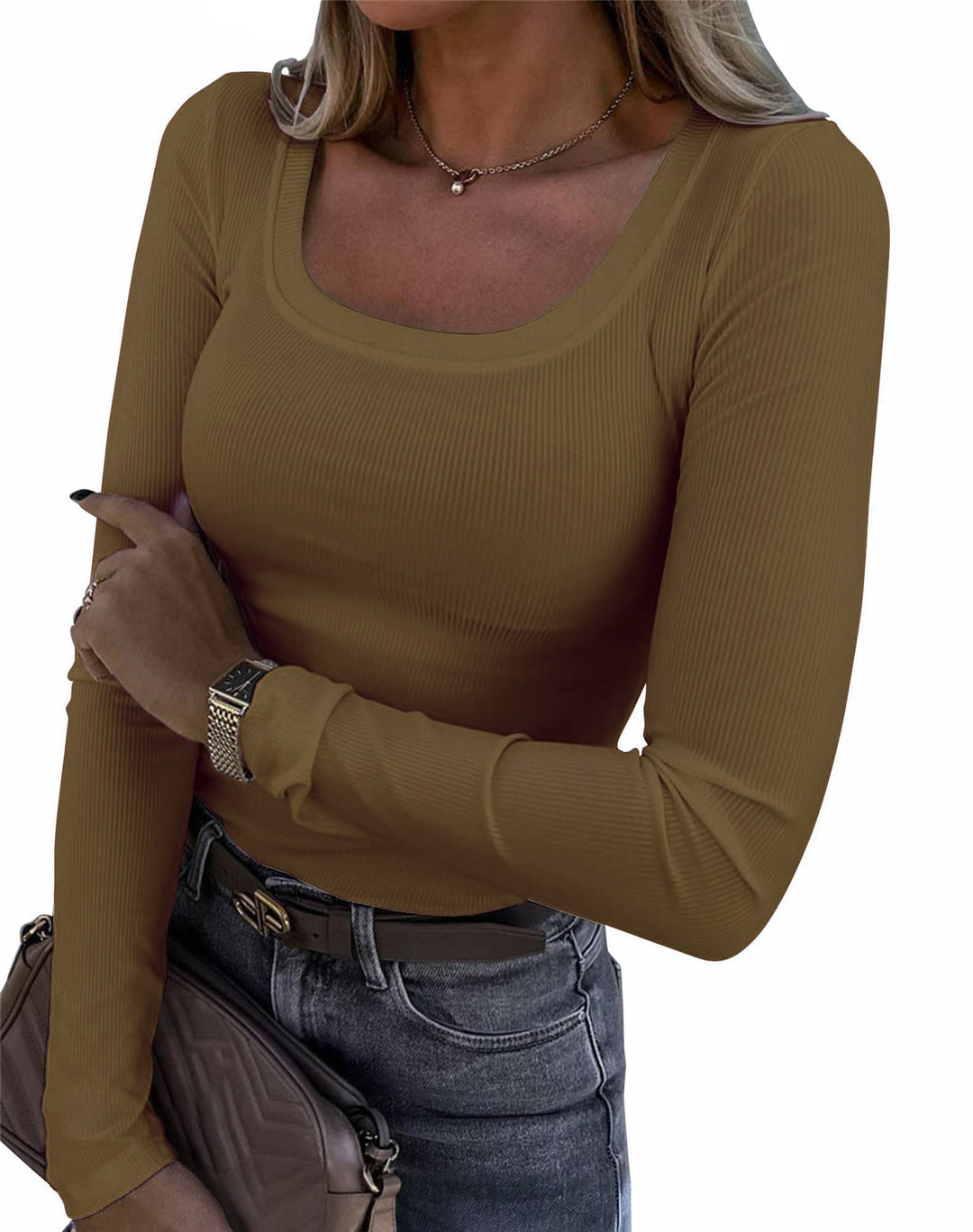 Dame Langærmet Rib-T-shirt med elegant Bådudskæring Skovae