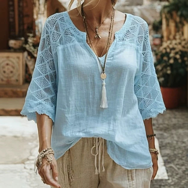Dame nan locker faldende Tunika-bluse i Boho-stil med hæklet skulder- og ærmedetaljer Skovae