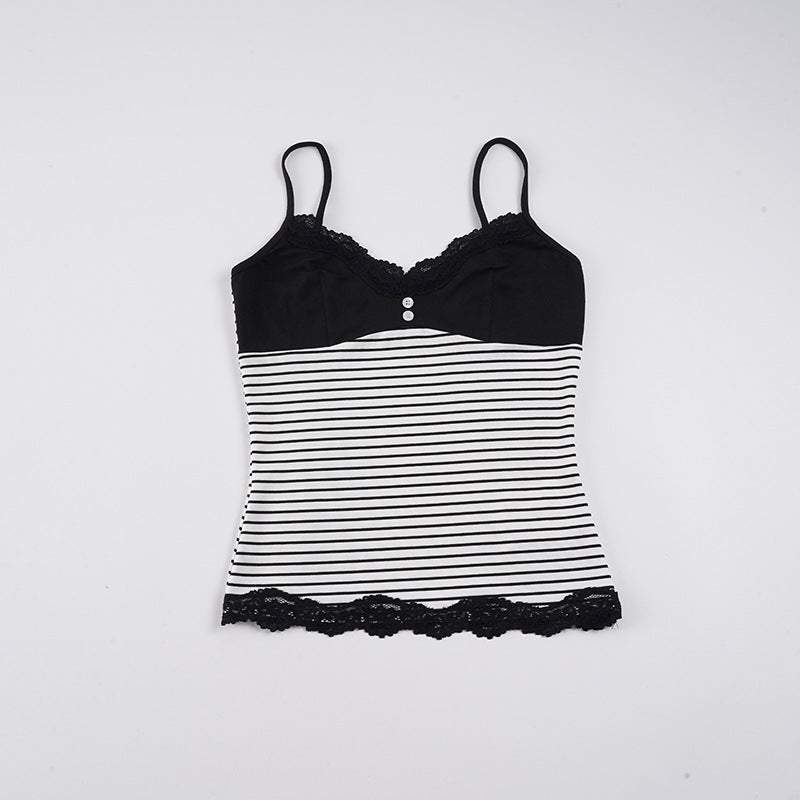 Dame spaghetti top med dekorativt blonder og stribet design Skovae