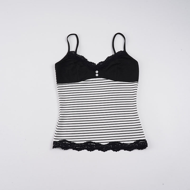 Dame spaghetti top med dekorativt blonder og stribet design Skovae