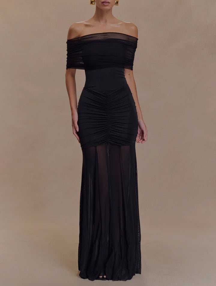 Dame nan off-shoulder aften kjole med figursyet jersey underkjole og transparent chiffon overkjole Skovae