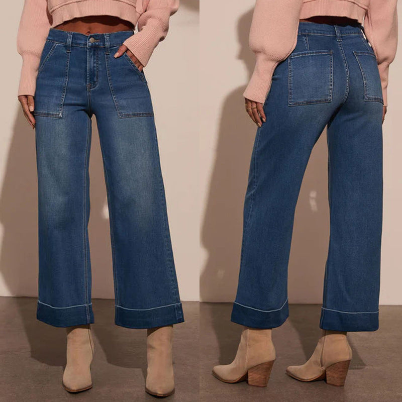 Dame brede denimbukser med høje lommer og moderne kant Stilla