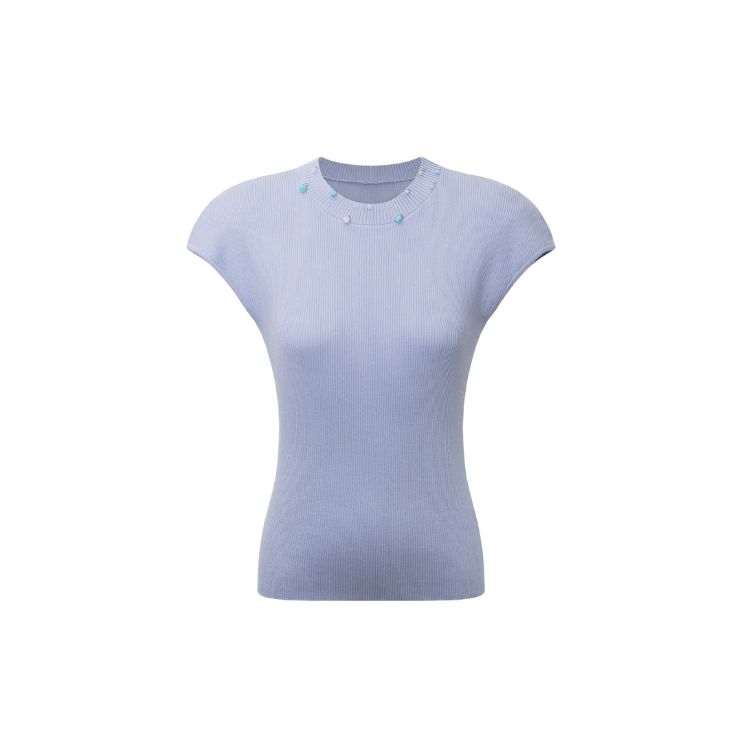 Dame kort top med farverig perledekor og ribbet design Stilla