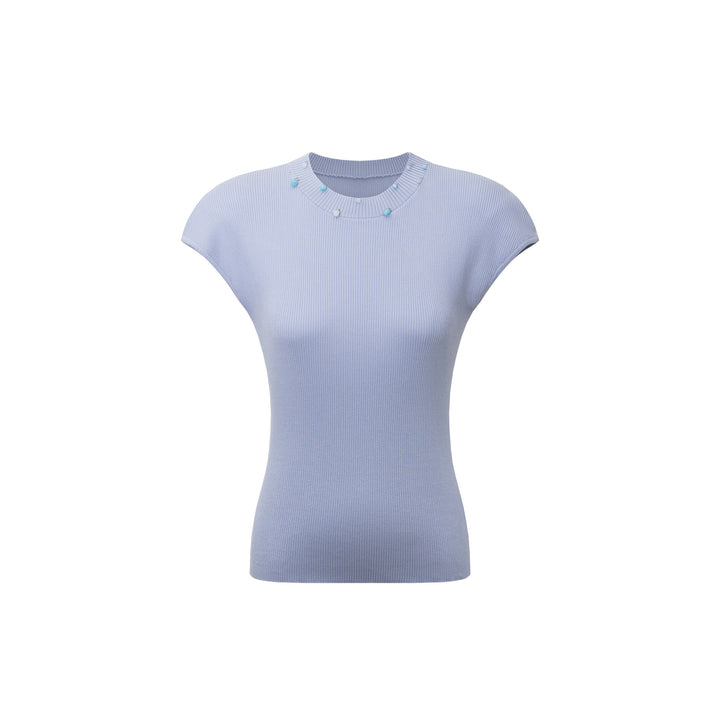 Dame kort top med farverig perledekor og ribbet design Stilla
