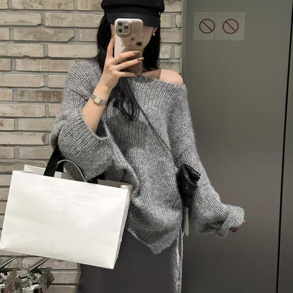 Stilla | Størrelse Pullover Grovstrik Off Shoulder Langærmet Fritidsfit