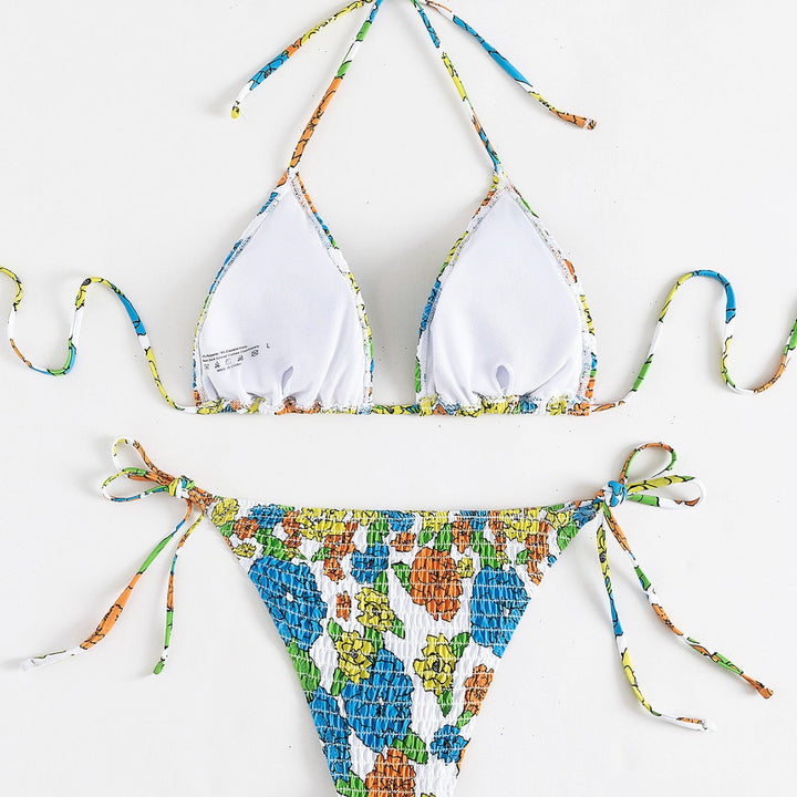 Dame Triangel-Bikini med farverigt blomsterprint og elastiske bindebånd Skovae