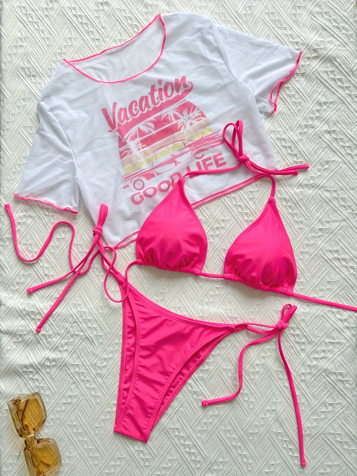 Dame Cropped T-Shirt og Bikini-sæt med moderigtigt knudedetalje Stilla