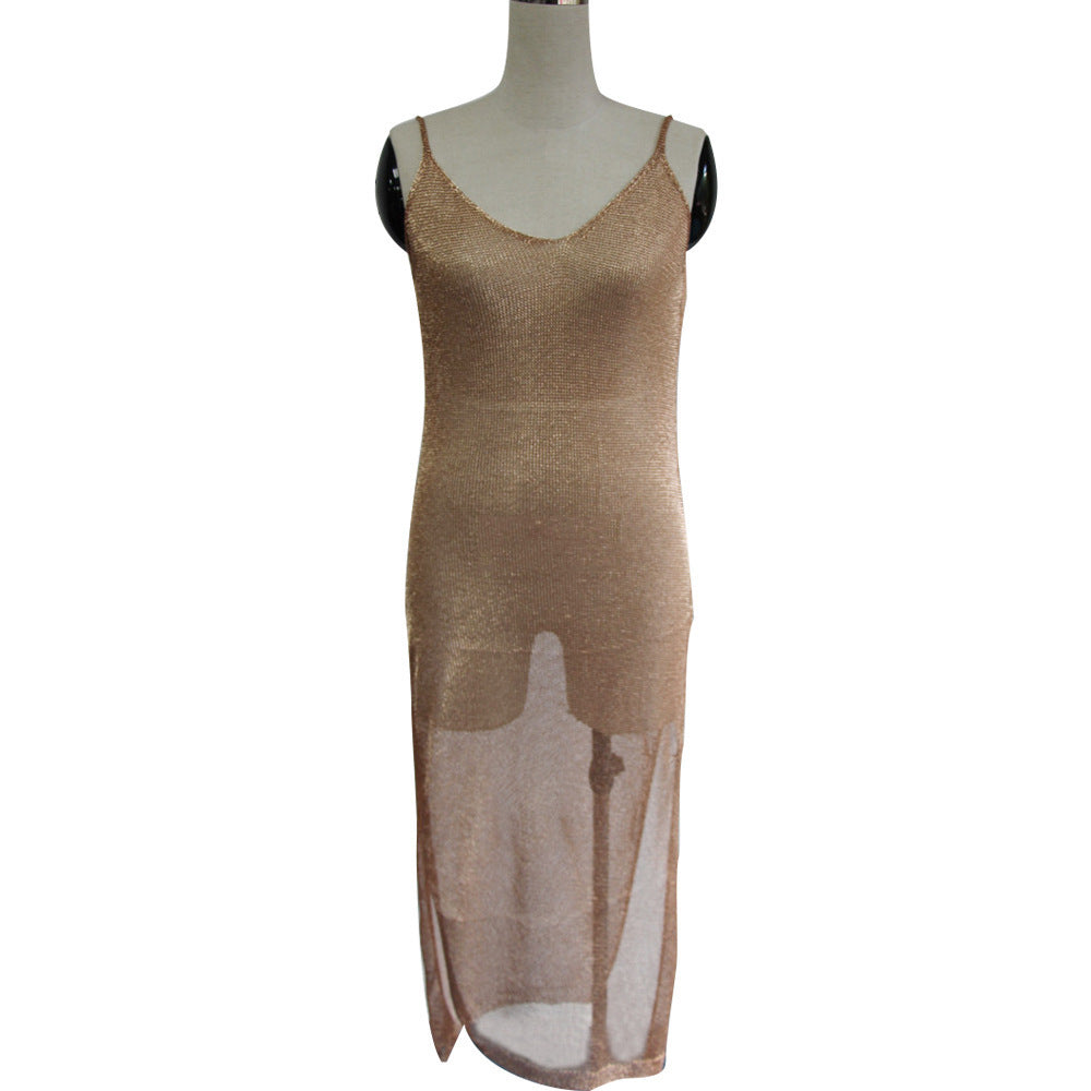 Dame elegant strikkjole med transparent design og fine stropper Skovae
