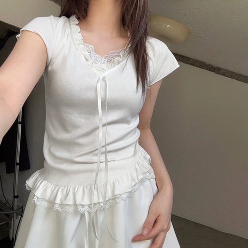 Dame elegant ruffles top med V-udskæring og dekorativt bindebånd Skovae