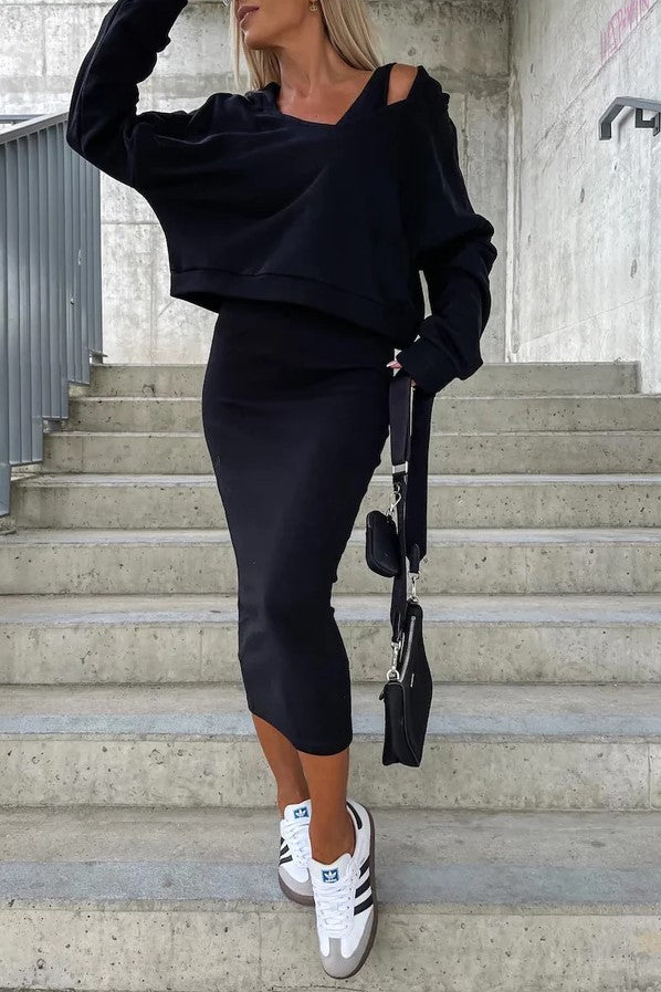 Dame afslappet sæt lavet af let bomuldsstof med oversized sweatshirt og figurskabende nederdel Stilla