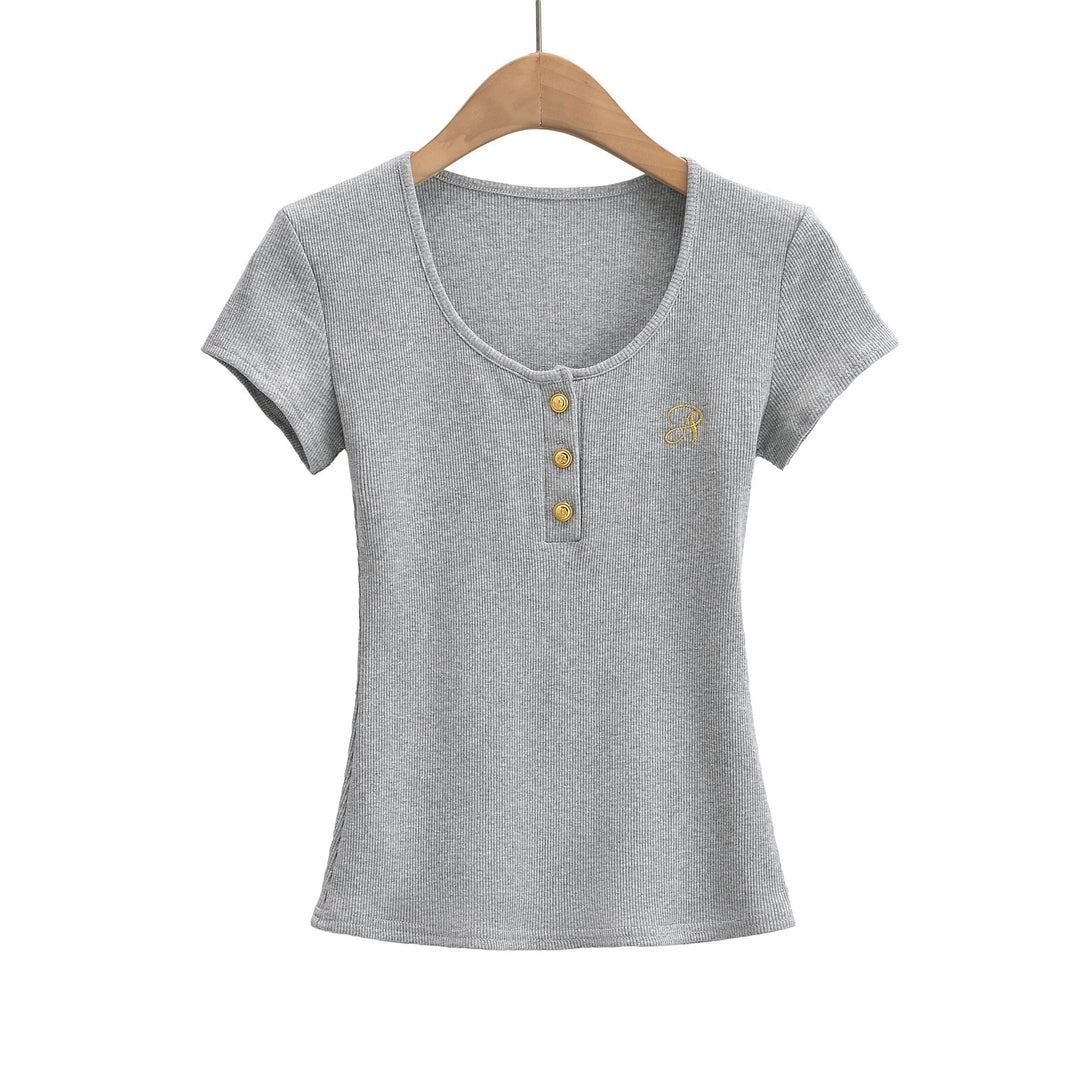 Dame Kortærmet T-Shirt med Knapdetaljer og elegant Rundhalset Stilla