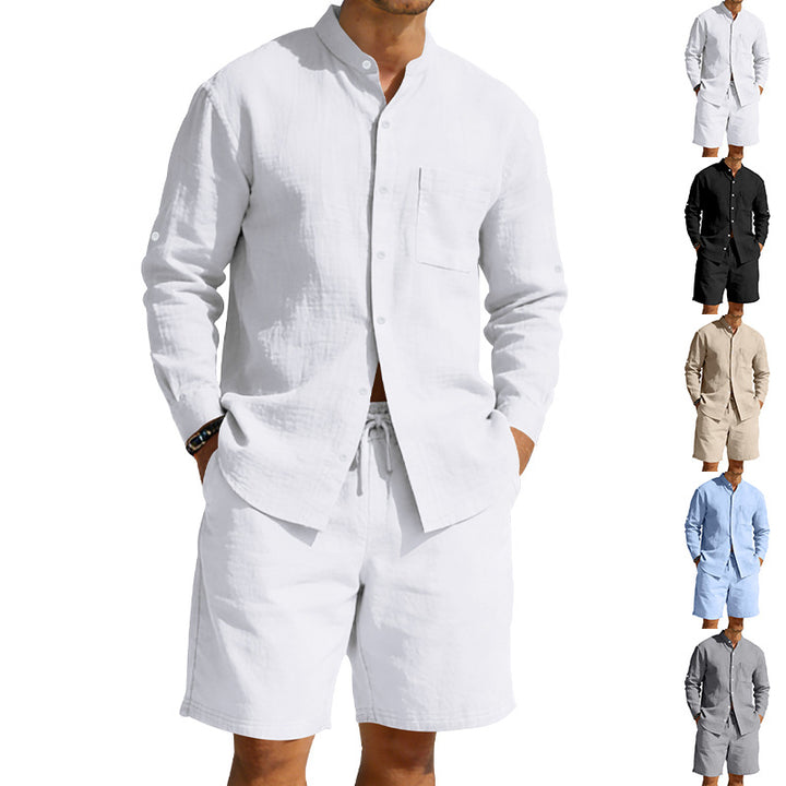 Herrer nan sommerligt linned sæt med stålkrave skjorte og snørebånd kortbukser Skovae